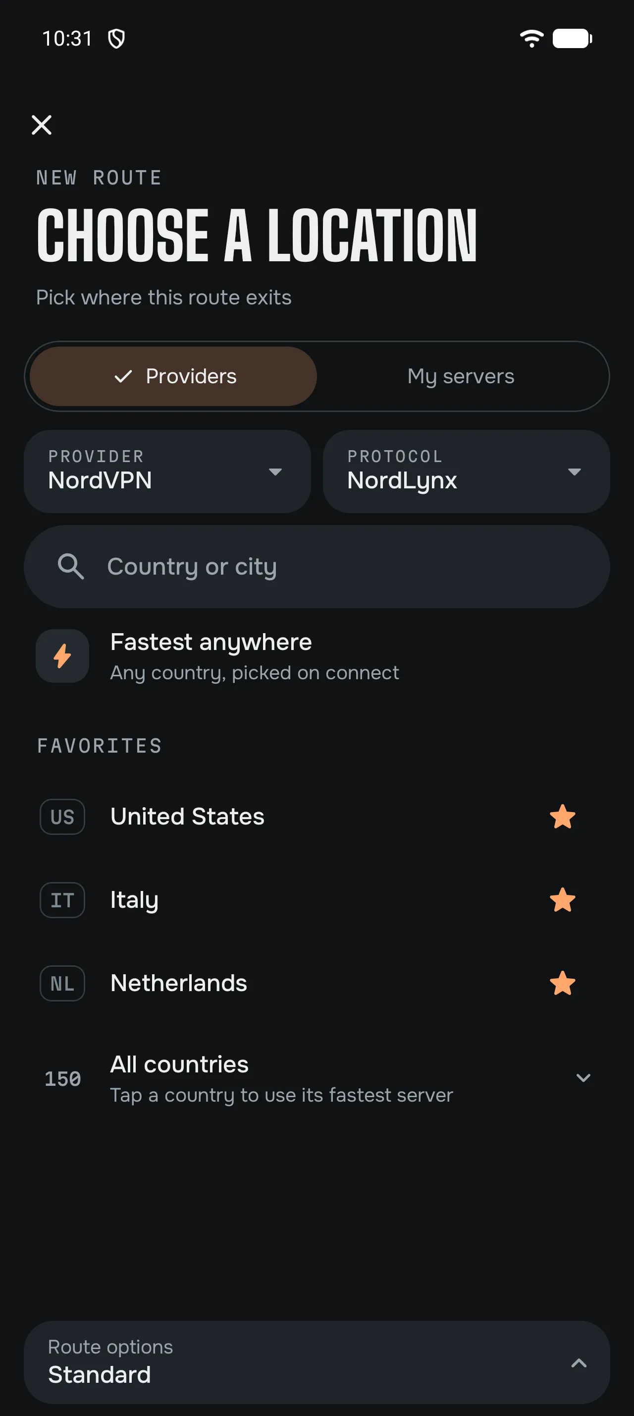 Choose a location: provider NordVPN, protocol NordLynx, Fastest anywhere, favourite countries.