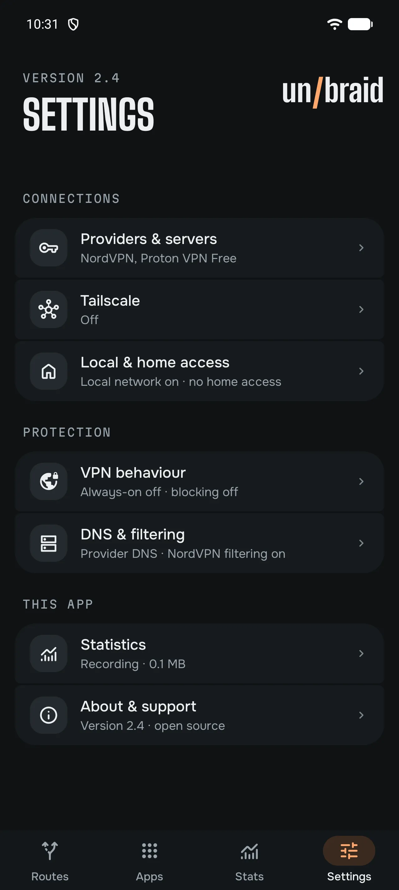 Settings: providers and servers, Tailscale, local and home access, VPN behaviour, DNS and filtering, statistics, about and support.